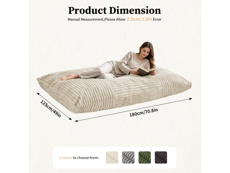 Grande fauteuil pouf convertible 180x125 cm pour la détente, sans assemblage, assise moelleuse, tissu côtelé blanc - Conforama C
