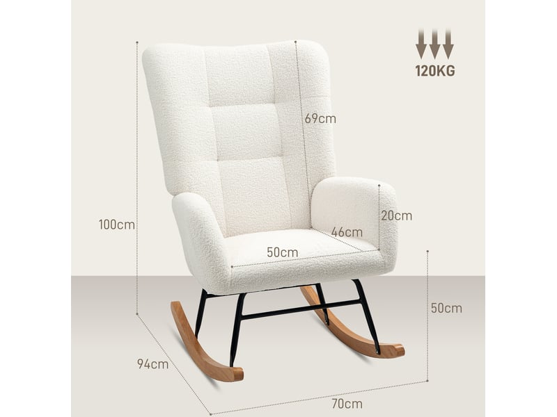 Fauteuil à bascule avec accoudoirs et dossier haut, assise rembourrée en teddy blanc crème - Conforama C