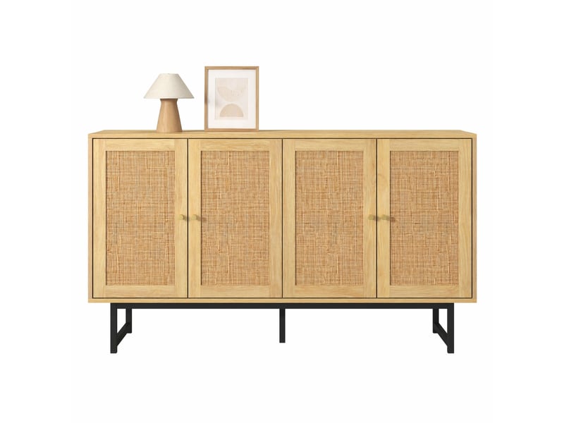  Buffet bas 140x39,5x80 cm bois clair en panneaux de particules, 4 portes, pieds métal noirs, grand rangement  - Conforama A