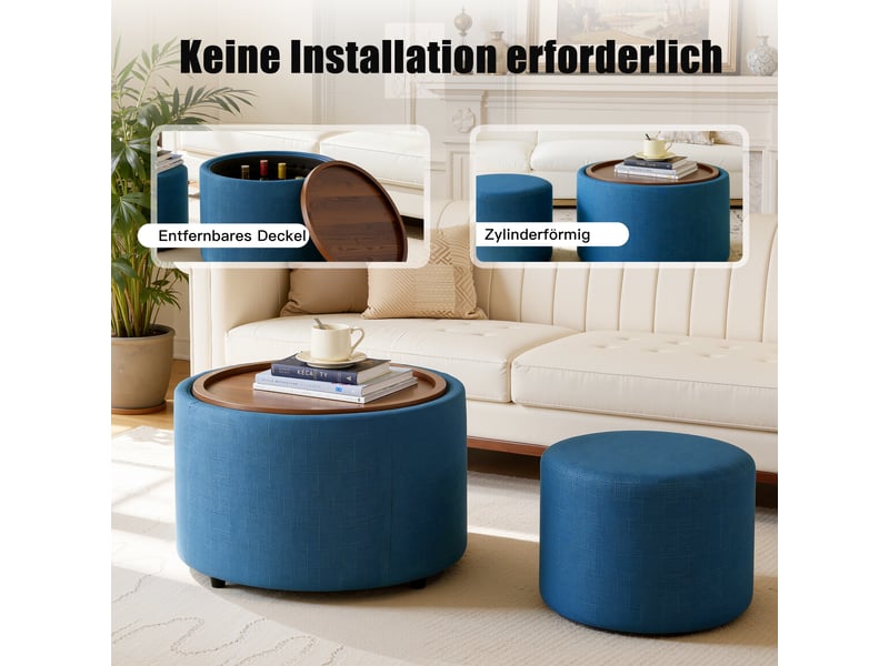  Lot de 2 poufs gigognes avec rangement en lin et plateau en bois bleu d58 cm W3413P412915 - Conforama D