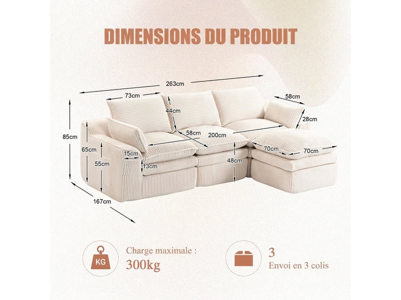 Canapé modulaire 3 places avec pouf convertible velours côtelé beige 263 x 167 x 85 cm poches latérales - Conforama C