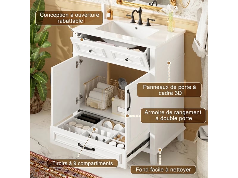  Meuble salle de bain sur pied 77 cm vasque en céramique intégrée meuble vasque blanc  - Conforama B