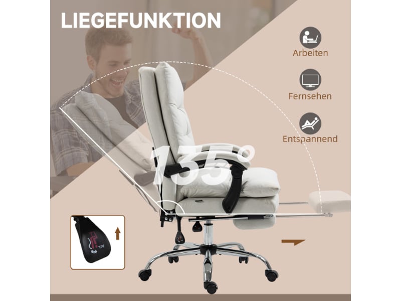  Chaise de bureau massante, inclinable à 135°, similicuir crème, réglable, 120 kg, 65x72x109-117 cm  - Conforama D