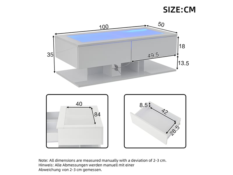  Table basse avec 2 tiroirs et led pour salon 100×50×35 cm en panneaux de particules blanc  - Conforama E