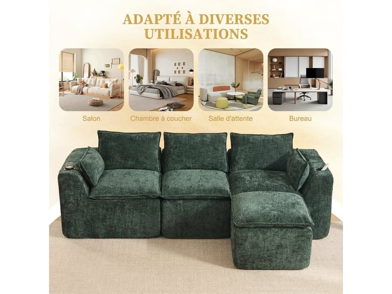  Canapé 3 places modulable vert foncé en chenille avec pouf et porte-gobelet - 256x161x75cm  - Conforama R