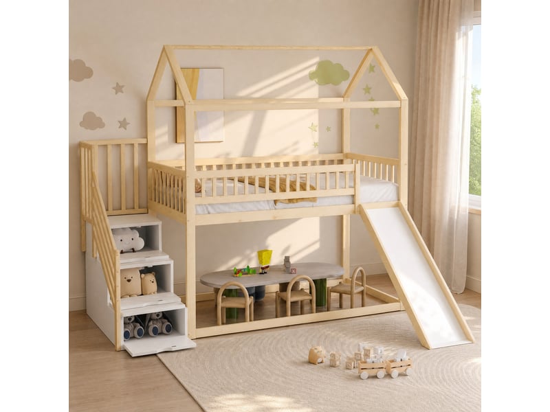 Lit mezzanine enfant 90x200 cm avec toboggan et escalier de rangement  - Conforama D