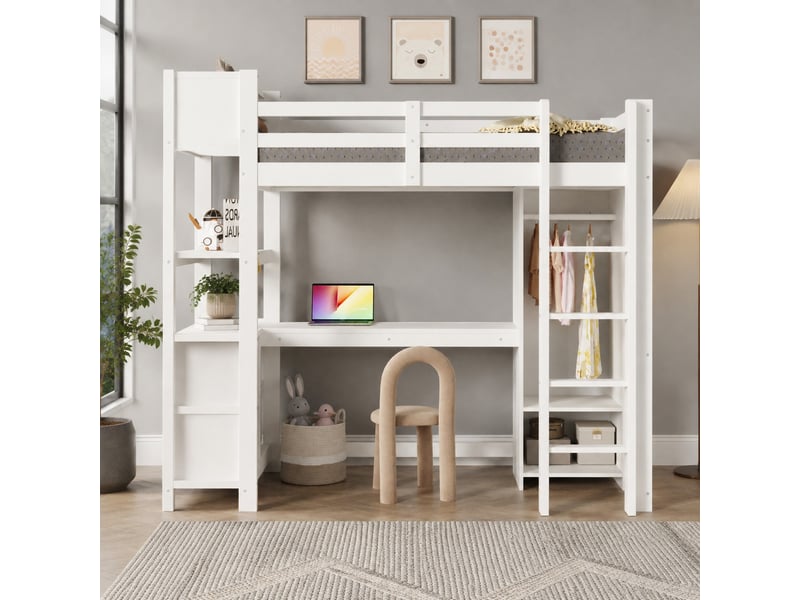  Lit mezzanine enfant 90x200 cm avec bureau et rangement coloris blanc  - Conforama D