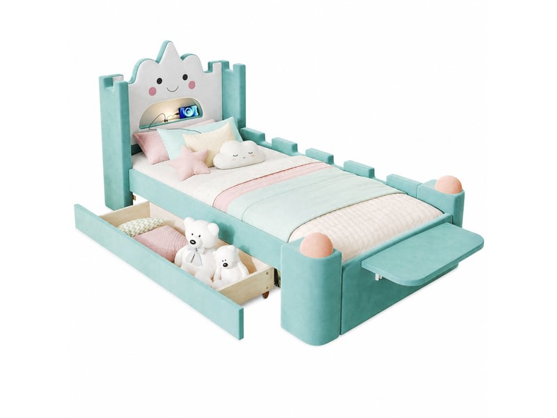 Lit enfant simple 90×200 cm lampe led, usb, tiroir et tablette - sans matelas, velours bleu-vert - Conforama A
