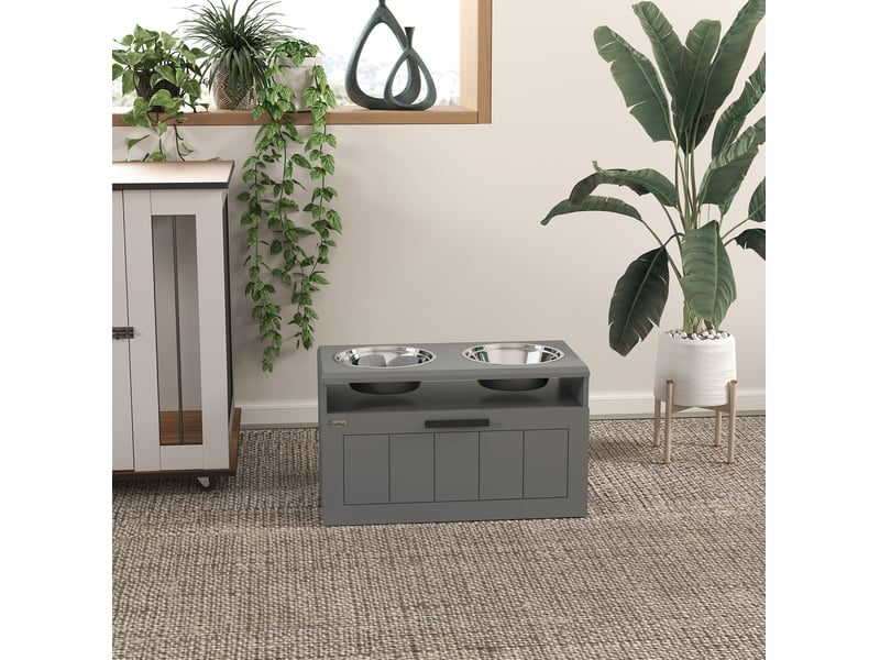  Station de repas surélevée avec 2 bols inox et rangement gris evryae  - Conforama C