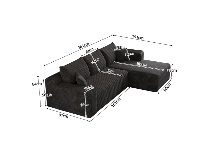  Canapé d'angle l 3 places 241x151x58 cm, design cloud moderne, sans armature, velours côtelé , assise profonde, livré sans montage,noir ABC - Conforama C