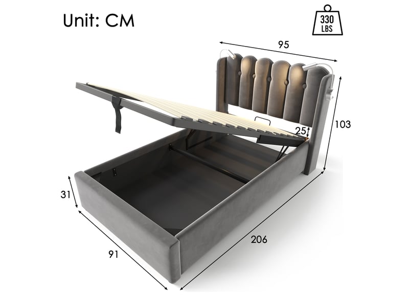  Modenvie lit coffre 90x200 cm - avec rangement, ports usb et liseuse - sans matelas, gris  - Conforama C