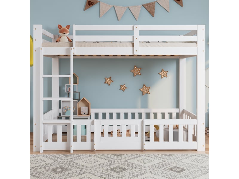  Lit superposé 90x200 cm avec échelle à angle droit, lit enfant avec barrières de sécurité et porte, lit simple en pin, blanc  - Conforama C