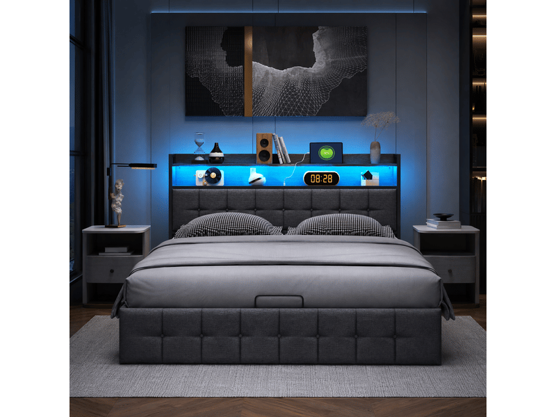  Lit coffre 140x200 avec rangement, cadre de lit double rembourré avec led et usb lit 2 personnes led avec prise lit adulte capitonné avec tête de lit et rangement hydraulique gris lin, sans matelas  - Conforama B