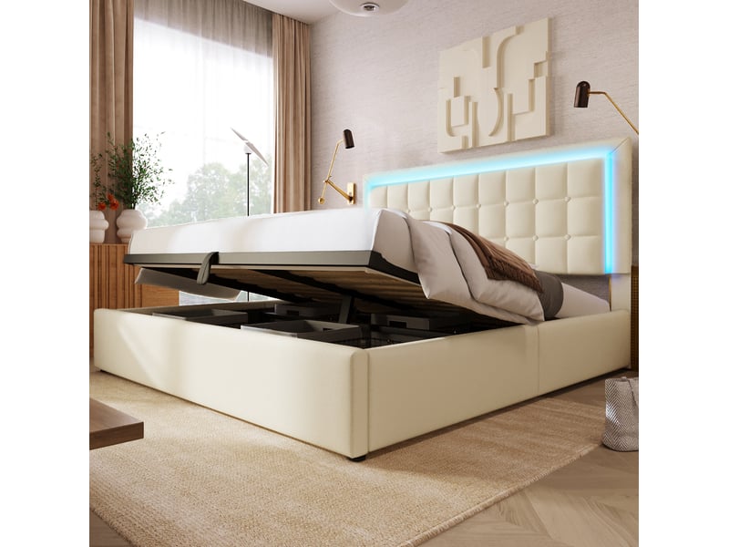  Lit coffre 2 places 180x200 cm, sans matelas, pu blanc, bande led intégré, sommier à lattes, doté de tête de lit ajustable  - Conforama D
