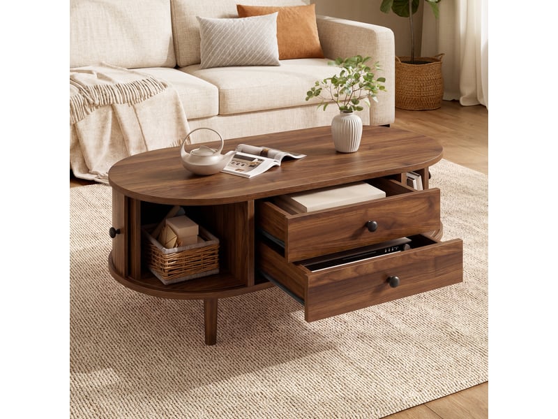  Table basse ovale-100x50x40cm-avec 2 tiroirs et portes coulissantes effet rainuré-noyer GL Store - Conforama B