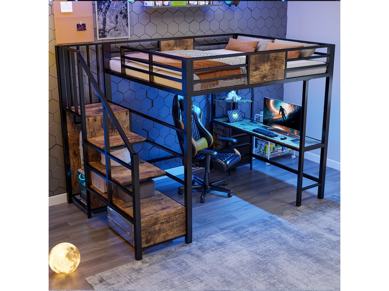  Lit superposé 140x200 cm, lit enfant, bureau, penderie, led, prise intégrée, métal noir  - Conforama C