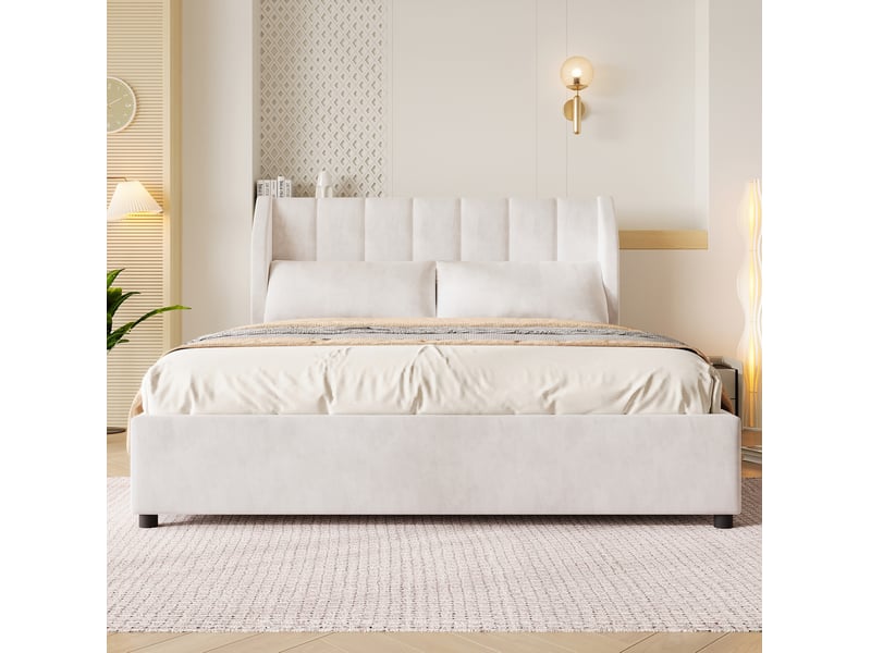  Lit plateforme 140x200 cm, doté de sommier à lattes sans matelas, beige, mdf, doté de tête de lit à couture verticale  - Conforama E