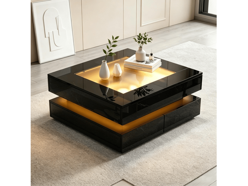  Table basse avec 3 tiroirs et éclairage led, finition brillante en verre et panneau de particules noir 70 × 70 × 35 cm  - Conforama E