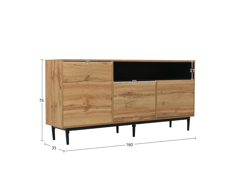  Buffet 160 x 35 x 76 cm bois naturel et noir, mdf, 3 portes et étagères pour salon ou salle à manger  - Conforama C