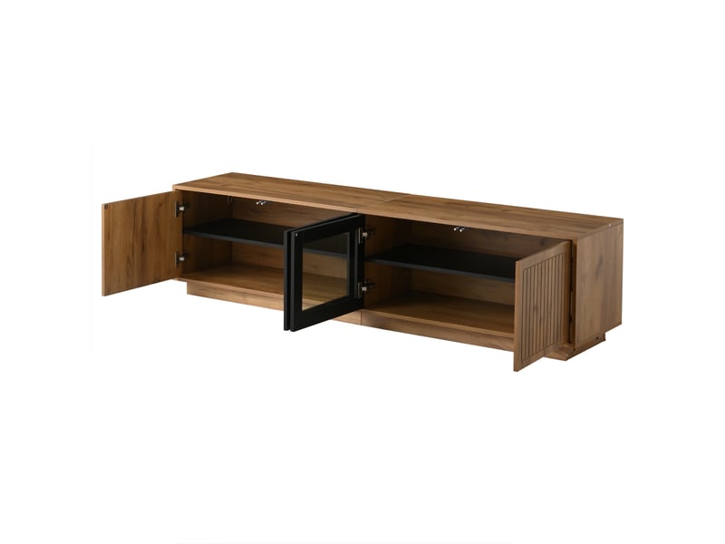  Meuble tv 180x40x45 cm bois naturel et noir, éclairage led, 2 caissons, tv jusqu’à 75 pouces  - Conforama E