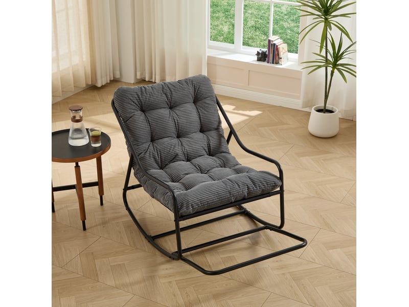  Fauteuil à bascule extérieur en acier noir avec coussin gris épais réglable, 75 × 116 × 82 cm, pour terrasse  - Conforama B