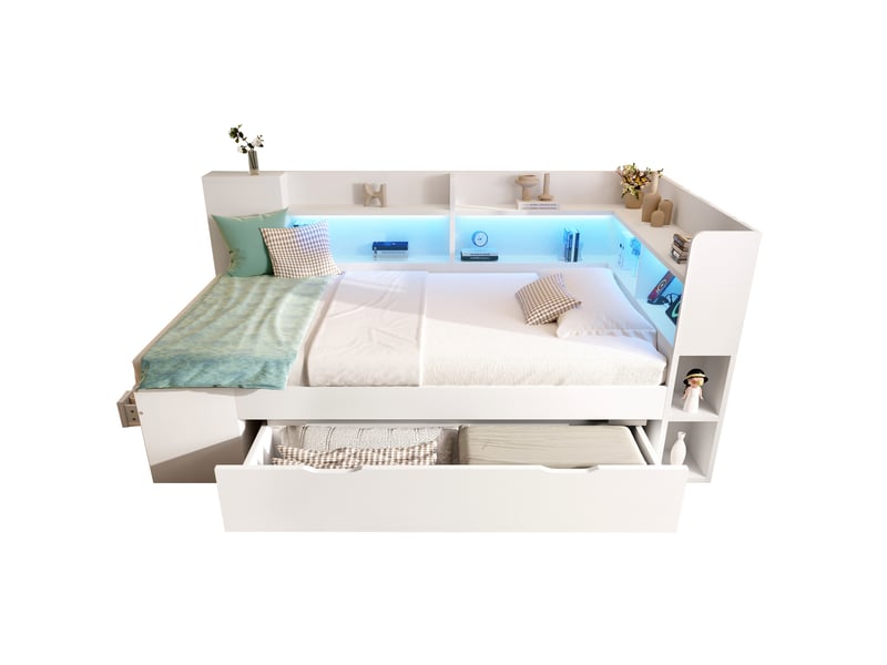 Lit banquette enfant simple 90x190 cm avec led et ports usb+type-c, rangements, mdf, blanc, sans matelas  - Conforama A
