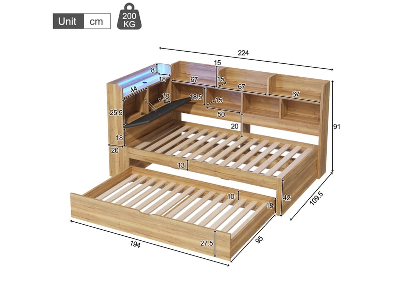  Lit enfant 90x200 avec tiroir-lit 90x190, éclairage led, prises usb, rangement intégré en bois naturel, lit d’appoint en l avec étagères ORFRN634W0056N - Conforama E