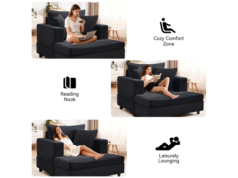 Chaise longue noire avec repose-pieds, coffre de rangement et 3 coussins salon - Conforama W