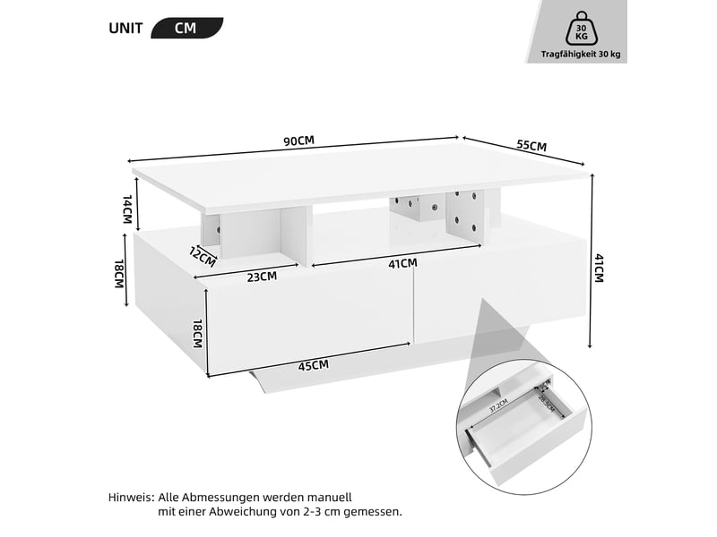  Table basse 90x55x41 cm avec led, 2 tiroirs, rangement, finition haute brillance, salon, blanc  - Conforama C