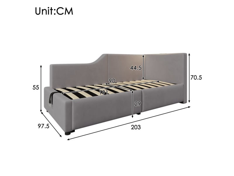 Lit banquette 90 x 190 cm en velours gris avec rangement hydraulique, liseuse et usb-c - Conforama E