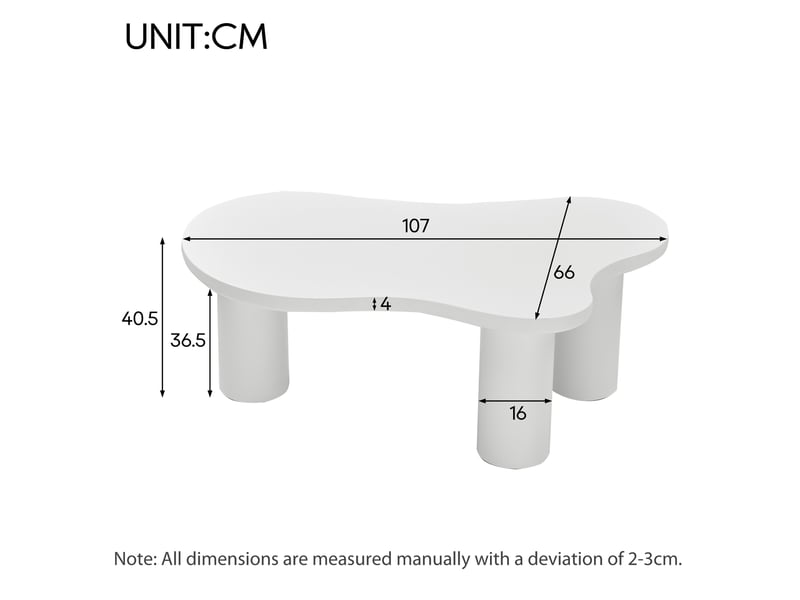  Table basse nuage 107x66x40,5 cm, plateau mdf laqué, 3 pieds pvc, patins feutre, design moderne blanc  - Conforama C