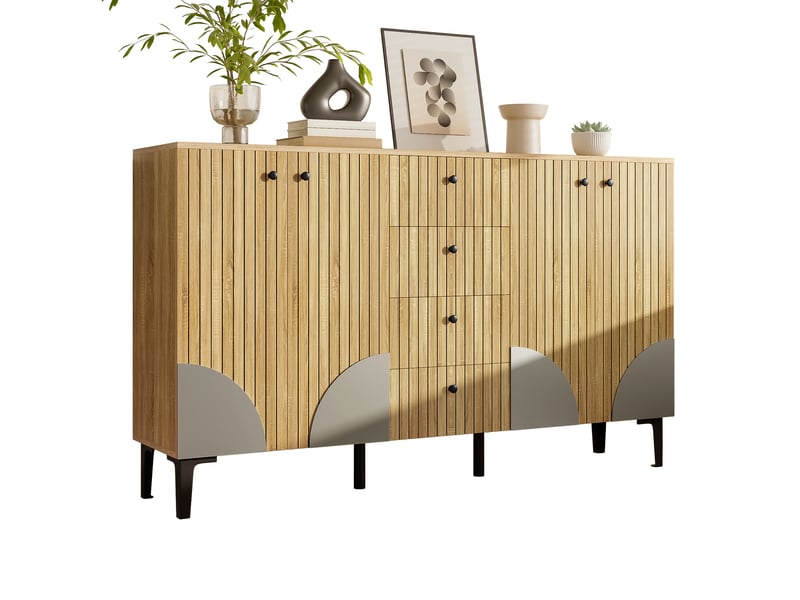  Buffet en bois clair meuble de rangement 4 portes 4 tiroirs 160x36x94 cm  - Conforama A