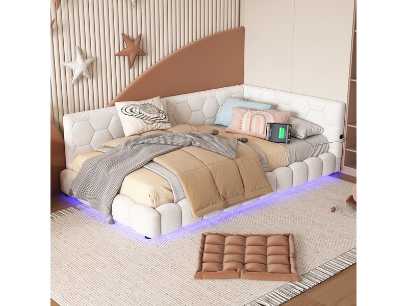 Canapé-lit 90x200cm, tête de lit, dossier et sommier, lit simple avec avec éclairage led, recharge, lit enfant et adulte, velours blanc, sans matelas - Conforama D