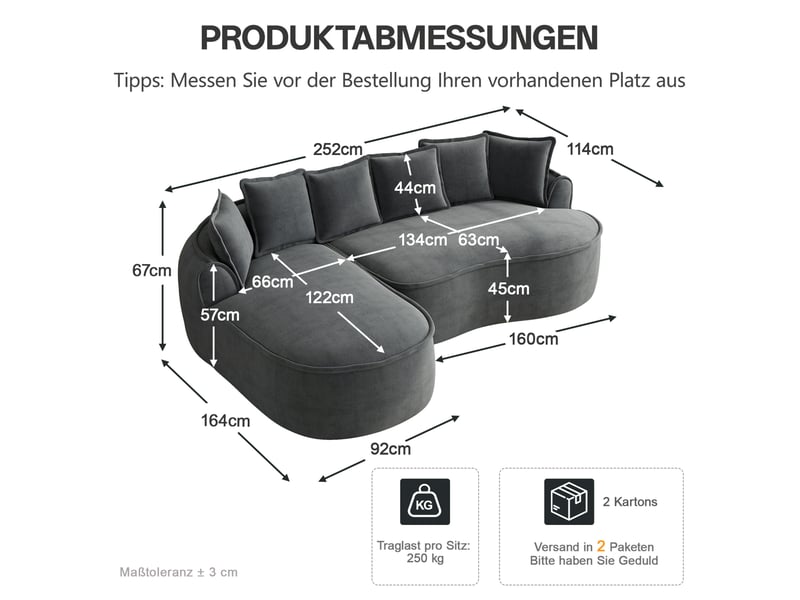  Canapé d'angle ulevr convertible 3 places en chenille gris 252 x 164 cm, modulable avec méridienne profonde  - Conforama C