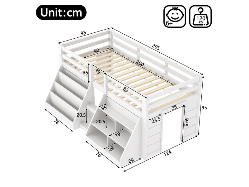  Lit enfant mi-haut 90x200 cm avec rangements, garde-corps, échelle et led pilotable, pin, couleur blanc, sans matelas  - Conforama C