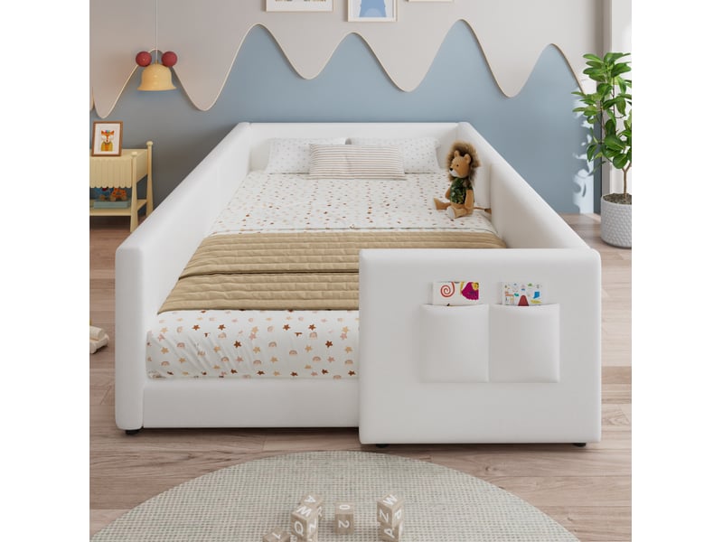  Lit enfant 90x200 cm bas rembourré avec poche latérale blanc  - Conforama D
