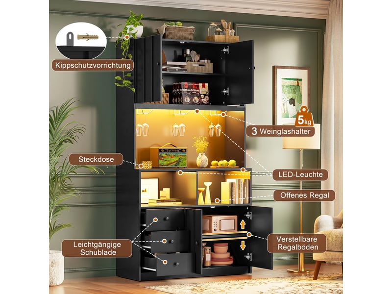 Buffet haut de cuisine 100x40x180 cm,bar à café,led rgb,2 prises ac+2 usb,3 porte-verres,étagère réglable,rangements ouverts,mdf - Conforama C