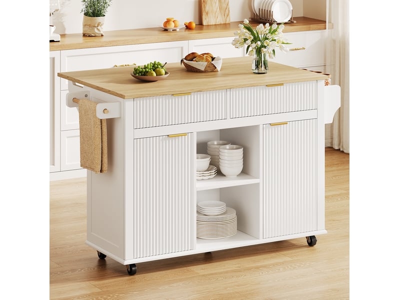 Desserte de cuisine à roulettes avec 2 tiroirs, 2 portes, plan rabattable et rangement ouvert latéral, blanc naturel - Conforama B