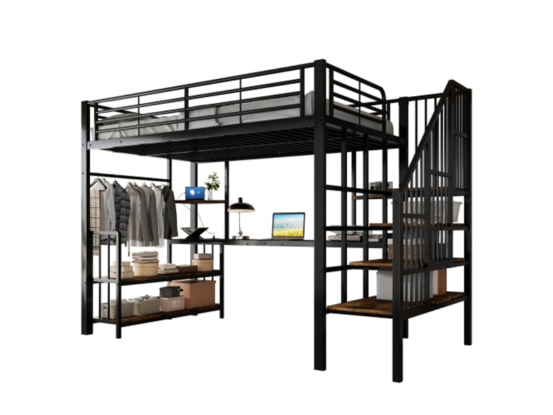 Lit mezzanine fer et mdf noir 120x200 cm – échelle latérale, rambarde, prise de charge élevée, penderie et étagères - Conforama A