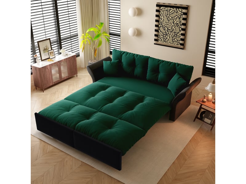  Canapé-lit 3 en 1 190 cm en velours vert avec lit gigogne et 2 coussins pour salon IKSETERA TRADING LTD - Conforama B