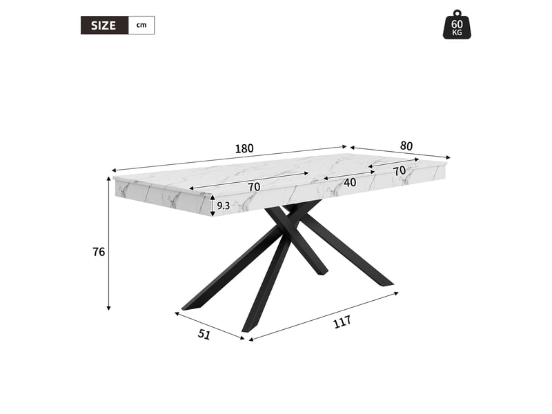  Table à manger extensible, 140-180x80x76 cm, avec plateau épais 93 mm piètement croisé style simple, mdf, coloris blanc  - Conforama C