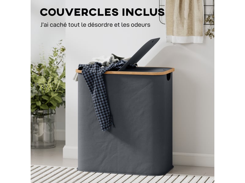  Panier à linge double pliable 80 l corbeille à linge sale avec couvercle, gris, poignées rainurées  - Conforama E