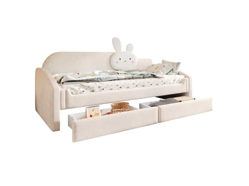 Canapé-lit enfant 90x200 cm avec coussin lapin, led, 2 tiroirs, velours beige, sans matelas - Conforama A