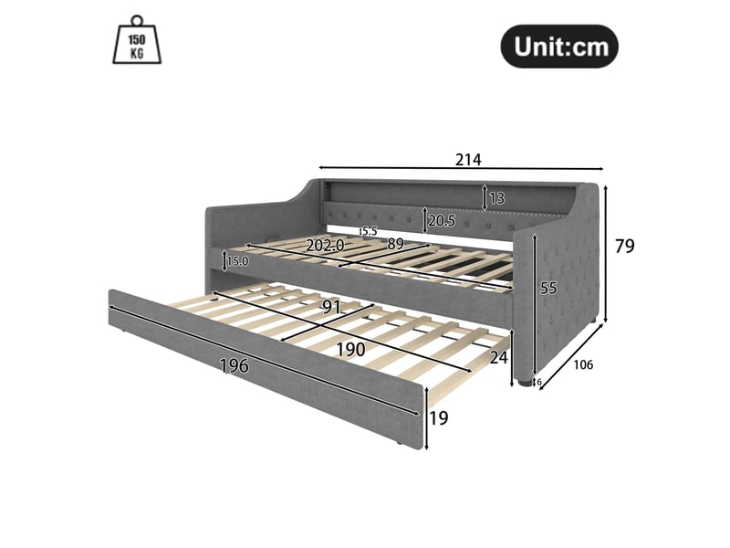  Lit gigogne 90x200 cm avec led et port usb mdf gris sans matelas  - Conforama C