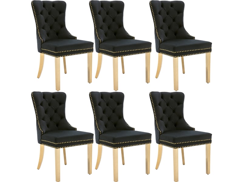  Lot de 6 chaises de salle à manger 50,5x45x95 cm, velours noir, anneau rond décoratif, pieds métalliques dorés  - Conforama A