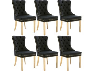Lot de 6 chaises de salle à manger 50,5x45x95 cm, velours noir, anneau rond décoratif, pieds métalliques dorés
