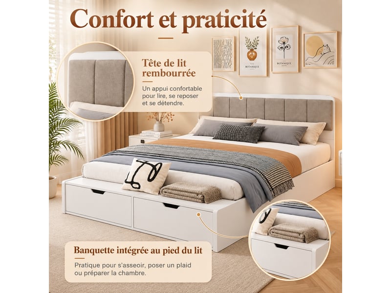 Lit jeune lit 140x200 cm lit capitonné avec 2 tiroirs de rangement lit enfant à lattes en bois lit double blanc  - Conforama E