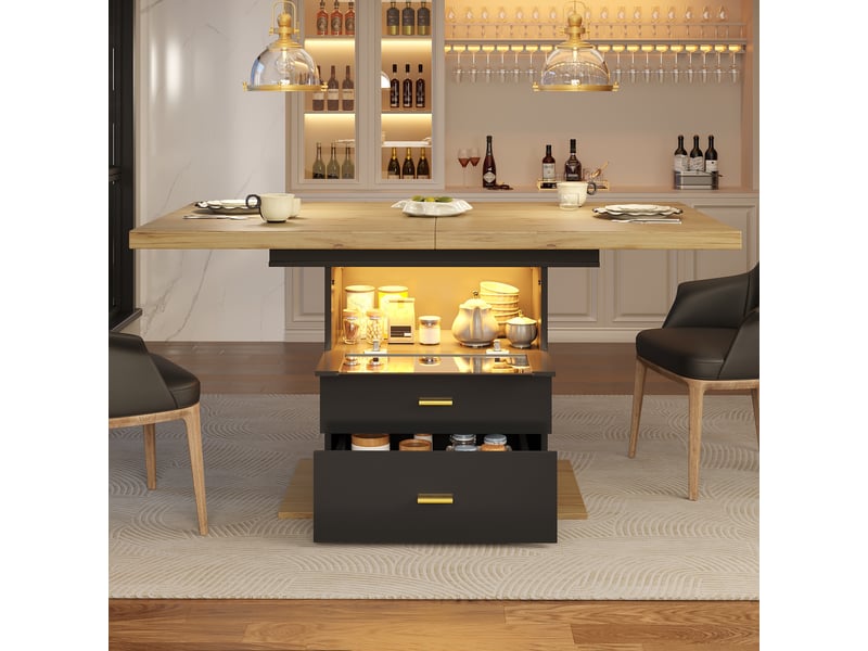  Table à manger extensible 110x80x75 cm (jusqu'à 140 cm) avec led intégrée, plateau mdf et métal, couleur bois  - Conforama W