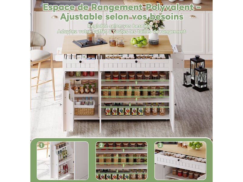 Îlot de cuisine 137x45x89,5 cm, desserte avec plan de travail rabattable, tiroirs et étagère de porte, mdf, blanc et naturel - Conforama R
