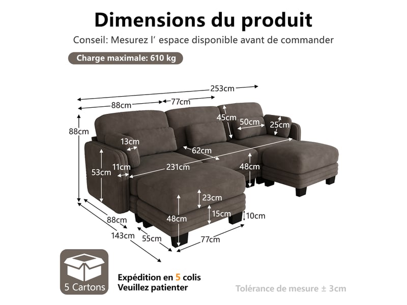  Canapé droit modulable 253 cm 3 places avec 2 poufs, coussins d’accoudoir amovibles, coussins lombaires épais à soutien renforcé, chenille, brun café  - Conforama D